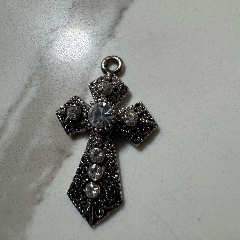 Silver-Tone Crystal Cross Pendant - Clear Stones